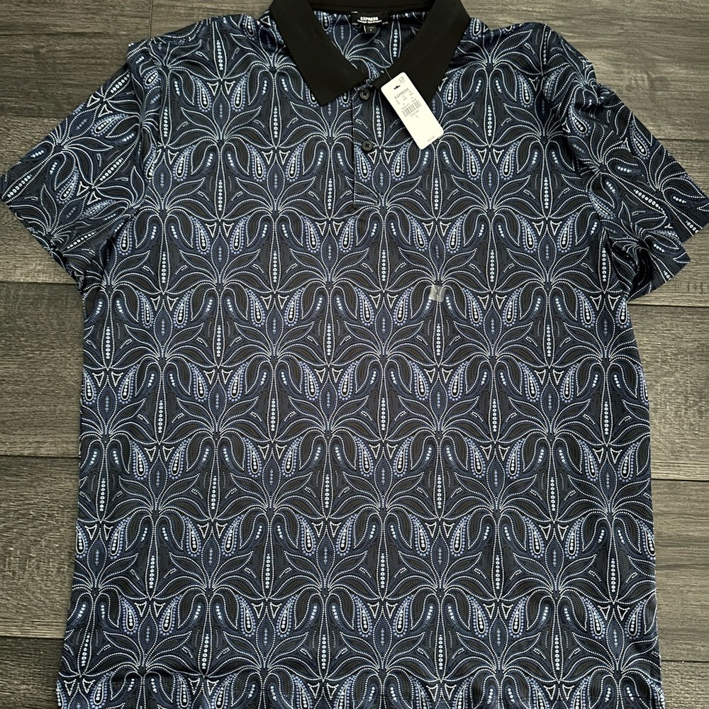 Express Blue and Black Polo Shirt with Palm Tree Pattern